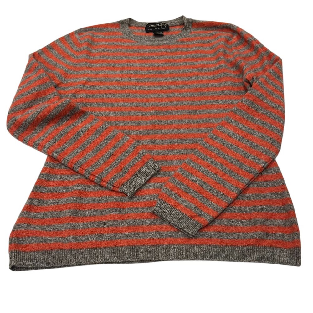 Country Shop Striped Cashmere Crew Sweater, Gray Orange, M